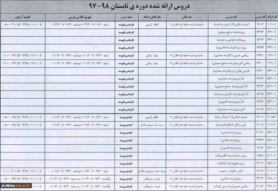 دروس ارائه شده دوره ی تابستان 98-97