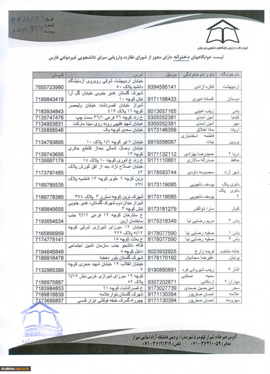 خوابگاه های غیر دولتی مورد تایید شورای نظارت سراهای دانشجویی 3